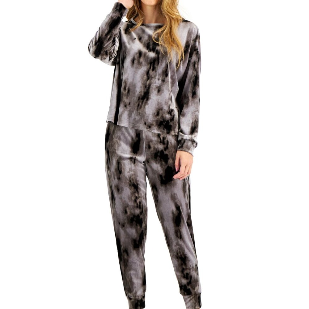 Jenni Women's Velvet Tie dye Long Sleeve Top and Jogger Lounge Set Grey XS